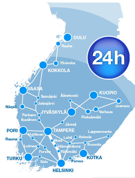 TavaraTaxin reittiliikennealuetta täydentää pikalähtö -palvelu. Onpa tarve mihin tahansa määränpäähän Suomessa tai ulkomailla soita 0100 6100 tai klikkaa Tilaa TavaraTaxi